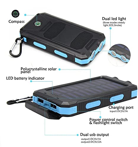 Solar Charger Solar Power Bank 20000Mah Waterproof Portable External Backup Outdoor Cell Phone Battery Charger With Dual Led Flashlights Solar Panel Compatible With All Smartphone (Black & Blue) #TOP5