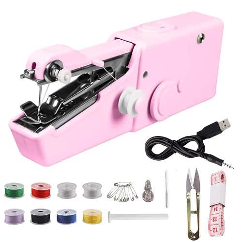 Handheld Portable Sewing Machine, Mini Handy Sewing Machine, Electric Sewing Machine Quick Handy Stitch Fabric Clothing Kids Cloth Pet Clothes DIY Home/Travel Use (Pink)