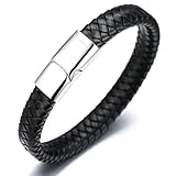 HALUKAKAH Ni駉s ? Solo Junior ? Pulsera Ninos Cuero Genuina Cl醩ico Negro 6-12 A袿S Cierre Magn閠ico de Titanio Acero Inoxidable 7'/18cm con CajaDeRegaloGRATIS