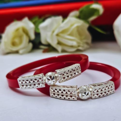 Image of Traditional Maroon Bangles with Antique Silver Work - Set of 2