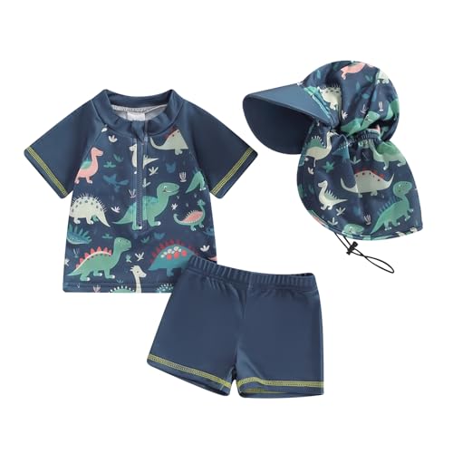 Image of Toddler Baby Boys' 3-Piece Swimsuit Set Short Sleeve Bathing Suit Baby Rash Guard Swimwear with Sun Hat