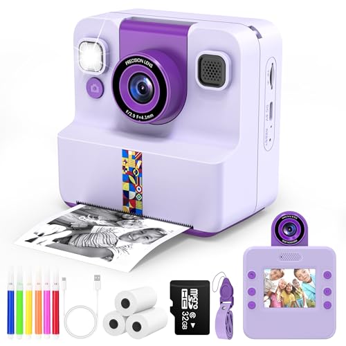 Purple Generic kids instant print camera with coloring pens — shows the color-in-the-print gift set for ages 3 to 12
