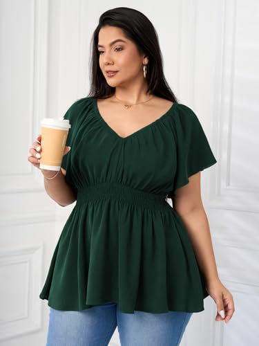 Womens Plus Size Tops V Neck Short Sleeve Blouse Babydoll Ruffle Peplum Smocked Dressy Casual Summer Top4