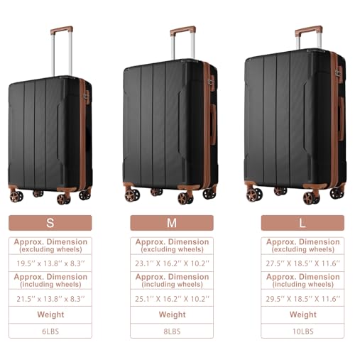 3-Piece Expandable Hard Shell Luggage Set for Travel, Lightweight and Durable Design, Includes 20/24/28 inch Sizes, Black Brown2