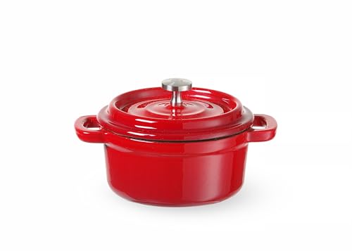HENDI Cazuela cacerola cocotte olla de hierro fundido esmaltado, rojo, antiadherente, con tapa, para todas las fuentes de calor (incl. inducción), multifuncional, 0, 27L, 130x100x(H)48 mm