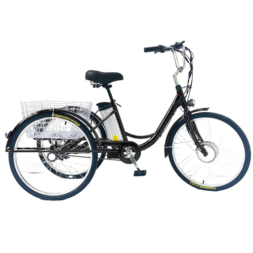 LVSEWOA 24-Zoll-Elektrodreirad für Erwachsene, 150 kg Tragkraft, höhenverstellbar, mit Korb, ideal für Senioren, zum Einkaufen, für Fitness und Freizeit, komfortabel, schwarz
