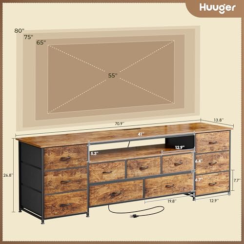 Huuger 70 Inch TV Stand for 75, 80 Inch TV, 11 Drawer Long Dresser with Power Outlets and LED Lights, Entertainment Center with Storage, Rustic Brown Dresser with PU Leather Surface