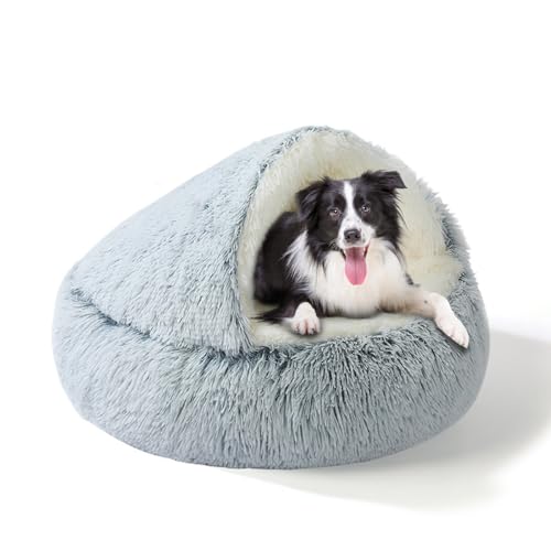 SUOXU Cuccia 2 in 1 per cani: supporto aggiornato con bordo in alluminio e fondo antiscivolo - Grotta accogliente + coperta per cani di taglia grande e media sotto i 20 kg (44 libbre) | Peluche