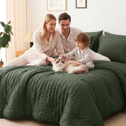 Image of CozyLux Full Size Comforter Sets Dark Green, 7 Pieces Seersucker Textured Luxury Bed in a Bag, All-Season Bedding Sets with Down Alternative Comforter, Sheets, Pillowcases & Shams, Bedroom Bed Set