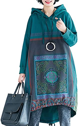 YESNO YK9 Women Casual Loose Ethnic Floral Hoodies Sweatshirts Jackets Curved Hemline with Drawstring Long Sleeve /Pockets (One Size (L-2XL), YK9 Green)