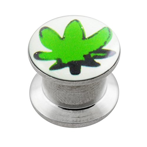 AtoZ Piercing 1/2 Inch - 12MM Marijuana Leaf Logo Picture on 316L Surgical Steel Internally Threaded Double Flared Ear Plug - Sold by Piece
