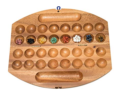 Preisvergleich Produktbild ROMBOL HUS BAO, Steinchenspiel, Bohnenspiel, Halbedelsteine, Mancala, Kalaha, Reisespiel, Familienspiel, Gesellschaftsspiel aus Holz