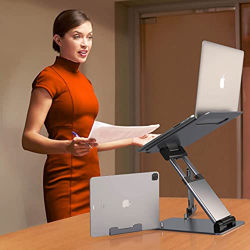 Image of ARTIKEL Wergo+ Laptop Stand with Phone Holders | Height Adjustable Sit to Stand Riser for Desk | Standing Desk Convertor | Ergonomic Foldable & Portable | Universally Compatible | Space Gray