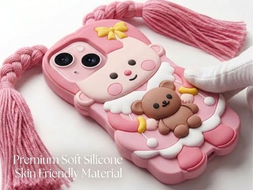 Image of amazon basics Cute 3D Pink Doll Silicone Mobile Case for iPhone 15 - Aesthetic Cartoon Girl with Braided Tassels & Teddy Bear, Soft Shockproof Protective Back Cover for Girls & Kids