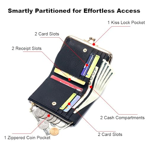 Genuine Leather Kiss Lock Wallet for Women Kiss Clasp Coin Purse Small Bifold Wallet with Card Slots and Zipper Pocket (Wine Red)4