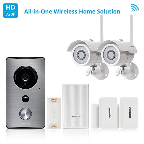 Zmodo All-in-One Home Solution-Zmodo Greet WiFi Video Doorbell w/ Zmodo 720p HD Security Camera (2 Pack), Zmodo Beam Smart Hub and WiFi Extender, Doow/Window Sensor (2 Pack)