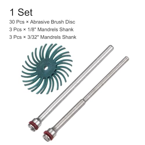 Image of HARFINGTON 30pcs Radial Bristle Disc Set 1 inch 80 Grit Detail Abrasive Brush Kit Gap Polishing Wheel Assortment with 1 /8 inch 3 /32 inch Shank Mandrels for Jewelry Wood Metal Polishing Cleaning, Green