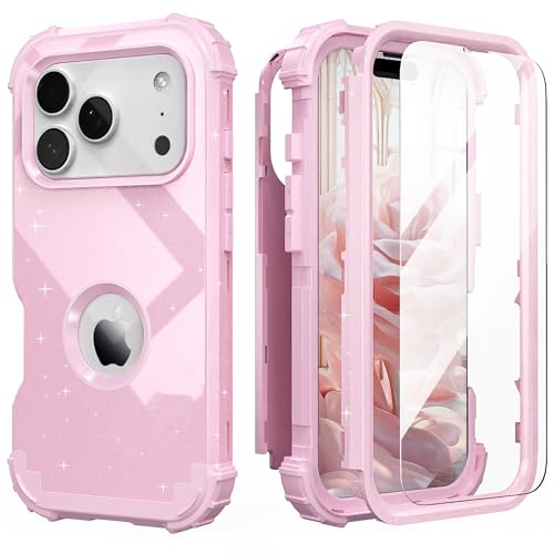 IDweel for iPhone 17 Pro Case with Screen Protector for Women, 3 in 1 Shockproof Slim Fit Hybrid Heavy Duty Hard PC Cover Soft Silicone Bumper Full Body Anti-Fingerprint Case, Glitter Pink
