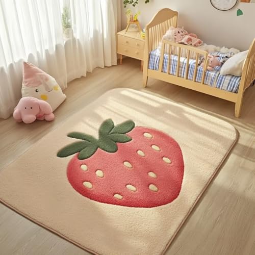 Soft Area Rug for Bedroom Living Room, Washable Artificial Wool Kids Girls Carpet Strawberry Pattern, Non-Slip Indoor Floor Carpet Home Decor,3x5 Feet