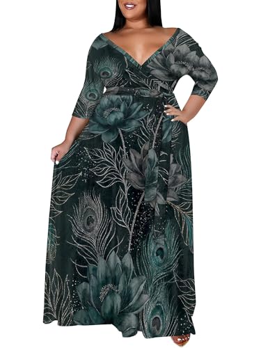 Image of SUZONANA Plus Size Maxi Dresses for Curcy Women Casual Loose 3 /4 Sleeve Long Dress with Belt