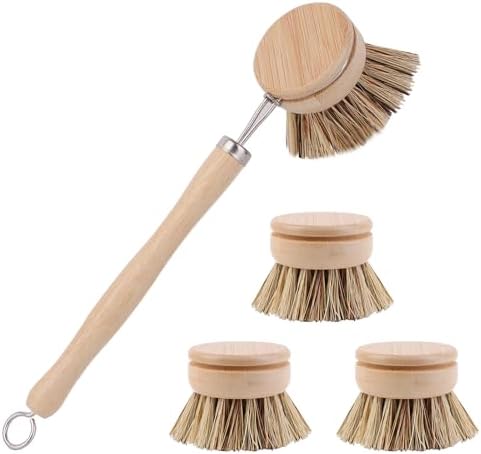 Bamboo Dish Brush With 4 Replacement Heads Hard Hardness Dish Scrub Brush Kitchen Scrub Brush Eco Friendly Products Dish Scrubber Brush & Scrubbing Brush For Cleaning Kitchen Utensils