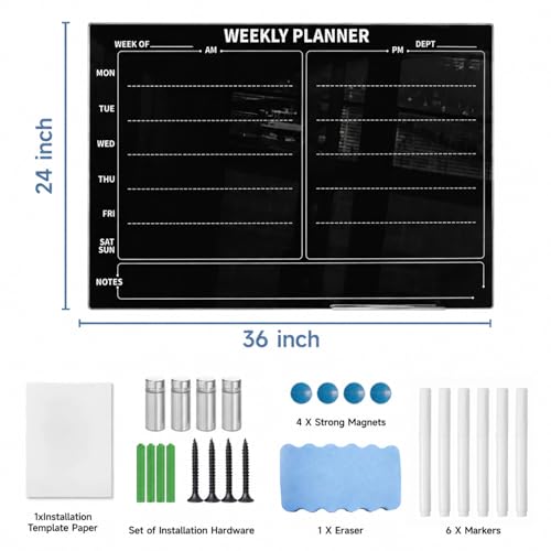 24" x 36" Magnetic Weekly Glass Planner Whiteboard Frameless Black Dry Erase Calendar for Office or Home Kitchen - Premium Tempered Glass, Horizontale Wall-Mounted (6 Markers Included) - Image 2