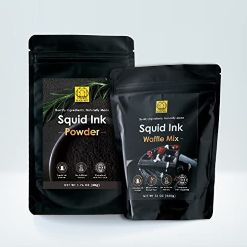 Bundle Of Black Hut Squid Ink Powder With Squid Ink Waffle Mix, Food Coloring For Rice Noodles Pasta Spaghetti Risotto, Nero Di Seppia, Tinta De Sepia, Halal Certificate, Contains Molluscs #TOP16