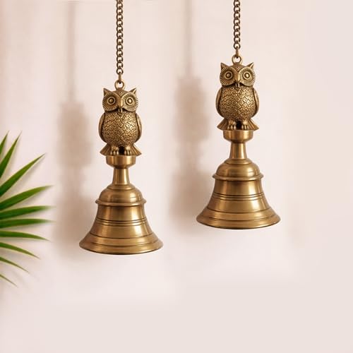 Image of ExclusiveLane 'Royal Owl' Brass Decorative Hanging Bell (100% Pure Brass, Set of 2, 66.2 Cm, 1.21 Kg, Hand-Etched) | Brass Bells for Mandir Hanging Bells for Pooja Room Temple Bells for Mandir