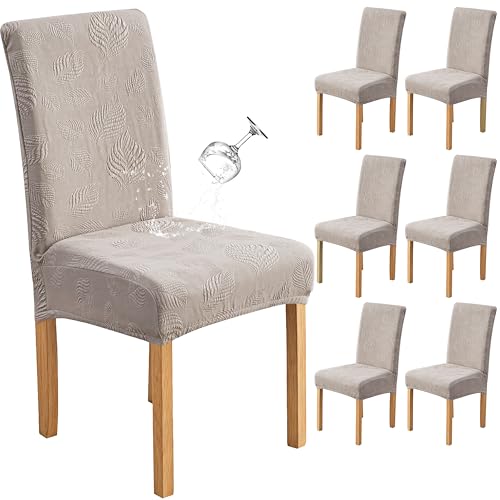 Image of Genina Waterproof Dining Chair Cover Set of 6,Kitchen Chair Cover,Warm Grey | Stretch Dining Room Chair Slipcovers with Leaf Jacquard,Removable Kitchen Chair Protector for Home,Restaurant,Banquet