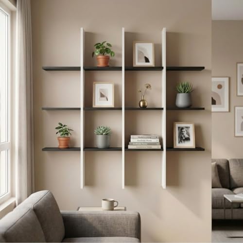 Image of Modern Wooden Wall Shelf for Living Room & Bedroom - Decorative Wall Mounted for Books, Showpieces & Home Decor - Multi-Compartment Floating Wall Organizer Black & White