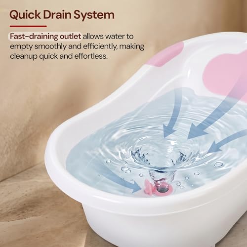 Image of Baybee Comfort Baby Bath Tub for 0 to 5 Years | Baby Bather & Bathtub with Anti-Slip Base & Quick Drains | Bath Tub for Kids with Soft Headrest & Compact Storage for Boys & Girls (Pink)