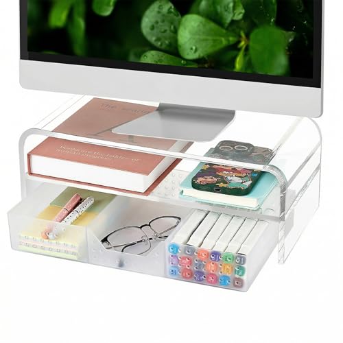 OPNICE Acrylic Clear Desk Organizers and Accessories 2-Tier Computer Monitor Stand Riser with Drawer Laptop Stand Office Desk Accessories for Office Supplies Transparent