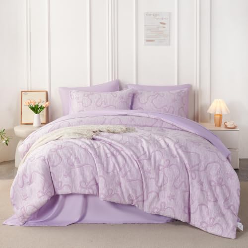 Image of PERFEMET Twin Comforter Set for Girls Purple, 5 Pieces Elegant Embossed Bow Bedding Twin Bed in a Bag Set, Soft Cute Bowknot Jacquard Comforter with Sheet Sets for All Seasons