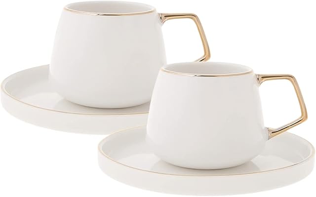 KARACA Saturn Turkish Coffee Cups, Espresso Cups Set of 2 Includes 4 Pieces, 3 oz Espresso Cup Set, Small Espresso Cups and Saucers, Set of 2 Demitasse Cups with Gold Handle on White Porcelain