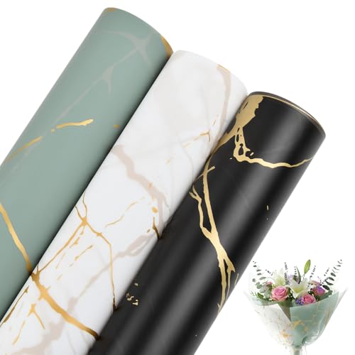 Papel de Regalo Set, 60 Hojas Papel para Envolver Ramo, 57x57cm Impermeable Paper Coreano, Borde Dorado Irregular, Blanco Negro Azul Claro para San Valentín Boda Cumpleaños