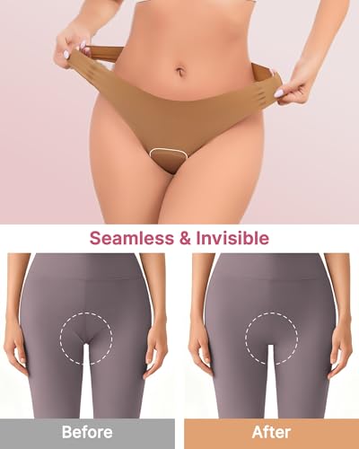 Image of Seamless Workout Thongs for Women - No Show Womens Underwear with Wide Gusset Invisible Panties Nude&Black 2 Pack