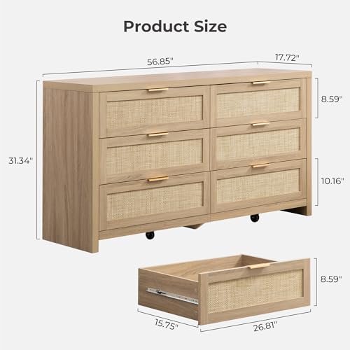 SICOTAS Rattan Dresser for Bedroom, 56.9" Wide 6 Drawer Dresser with Ample Storage, Dressers Large Chest of Drawers, Closet, Boho TV Stand for Bedroom (Reclaimed Light Oak, 1 Piece)