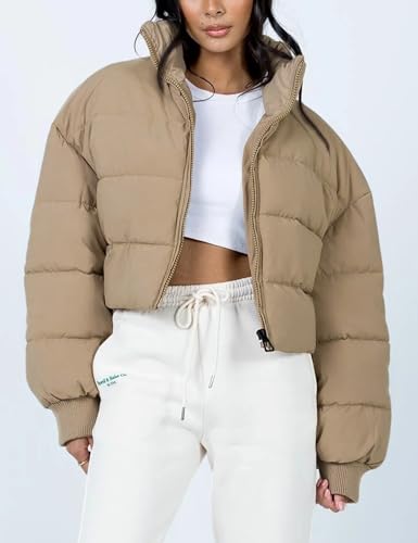 Gihuo Jaqueta feminina acolchoada de inverno curta curta acolchoada com zíper e gola alta, Caqui, P