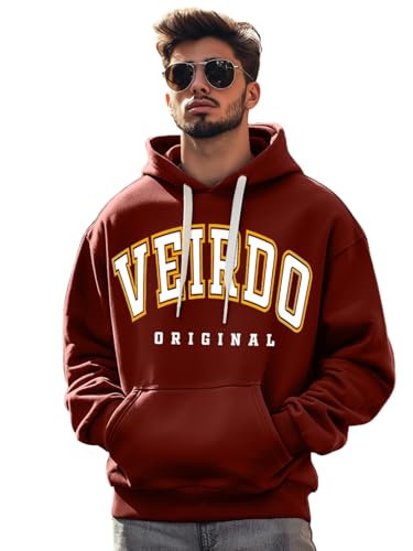 Image of Veirdo Fleece Oversized Baggy Fit Hooded Sweatshirt Drop Shoulder Typographic Logo Printed Full Sleeve Hoodie for Men (Avaiable in Colors: Copper Tan, Rust & Red)
