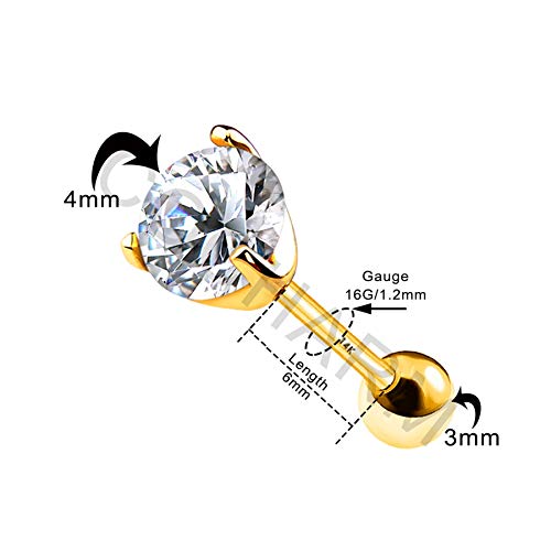 Cocharm 14K Real Gold Tragus Earring Stud 16G Round Cubic Zirconia Helix Stud Rings For Women Cartilage Earring Studs Conch Piercing Jewelry 4Mm #TOP1