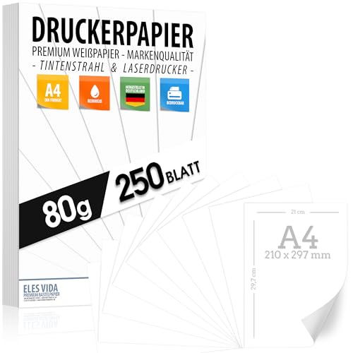 Image of 250 Sheets Printer Paper A4 80 g White - Premium Paper Pure White - DIN A4 - 21 x 29.7 cm - Copier Paper, Laser Printer & Inkjet for University, Photography, Presentations, Crafts - Ideal for Copiers