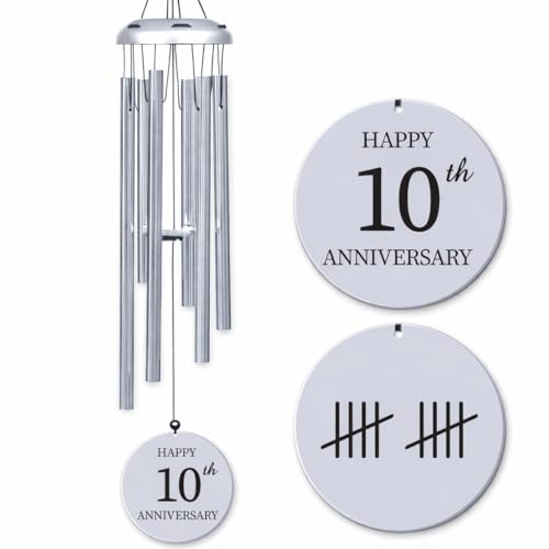 10th Wedding Anniversary Wind Chime, Tin Gift 10 Years of Marriage Presents, Unique Aluminum Keepsake Ideas, Happy 10 Years Windchime Decorations for Couples, Parents, Wife, Newlywed, 26 inch