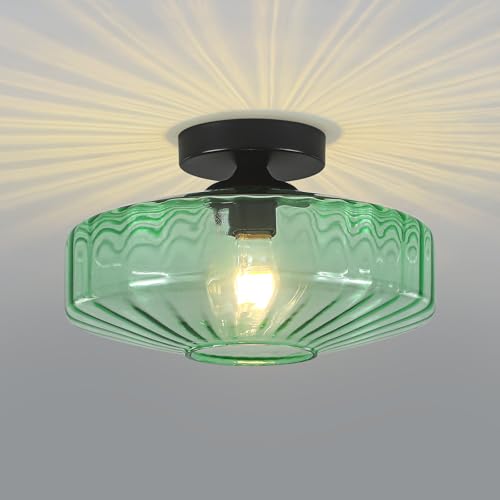 Fanousek Semi Flush Mount Ceiling Light, 11.8" Vintage Green Glass