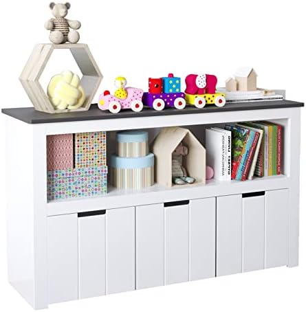 SOSPIRO Kids Toy Storage Organizer with Bins, Toy Storage Cabinet with Drawers and Open Cube, Wooden Kids Toy Box Chest for Playroom Kids Room, White