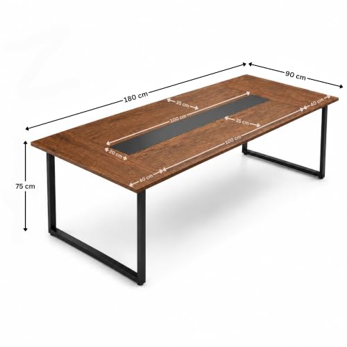 Image of Conference Table for Office & Meeting Room | Large Executive Meeting Table | Modern Office Conference Table | Tabletop with Black Metal Frame | Rustic Brown- 180 x 90 x 75 cm