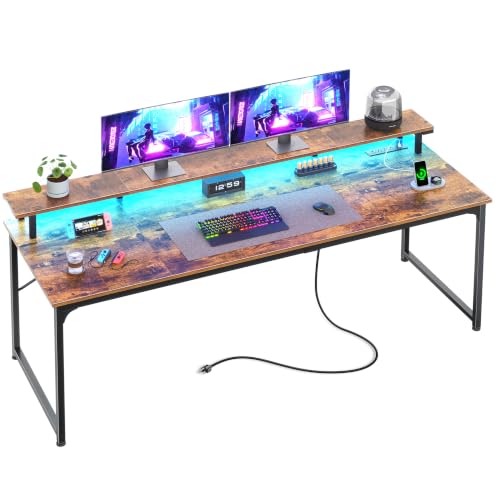 PRAISUN 63 inch Gaming Desk, LED & Outlets, Monitor Stand, Rustic Brown