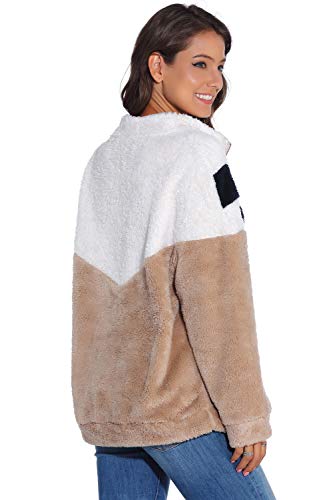 Women Fuzzy Coat Fleece Long Sleeve Zipper Color Block Pullover Sweatshirt Sherpa Jacket Brown M