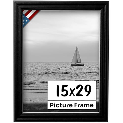 Black 15x29 Picture Frame .75" Inch Wide - Black Wall Decor Handmade Solid Wood Frames with Preinstalled Hangers and UV Blocking Plexiglass 29x15 Frame