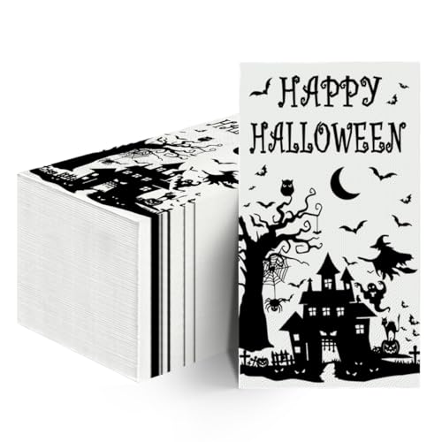 Horaldaily 100 servilletas de papel desechables decorativas de Halloween, diseño de castillo, murciélagos, tumba, toalla de mano con temática aterradora para fiestas, almuerzos, cenas, cocina, baño