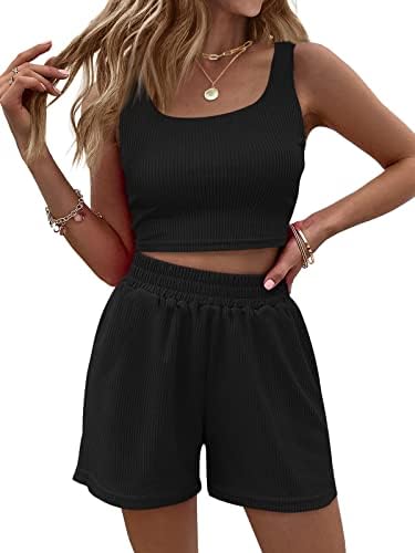 Trendy Queen Two Piece Outfits Women Summer Shorts Sets 2 Piece Sleeveless Matching Lounge Crop Top and High Waisted Shorts